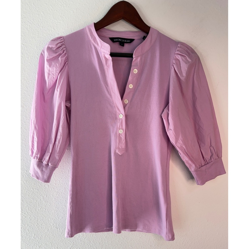 Veronica Beard Coralee Puff Sleeve Henley Top Barely Orchid Pink Pima Cotton XS